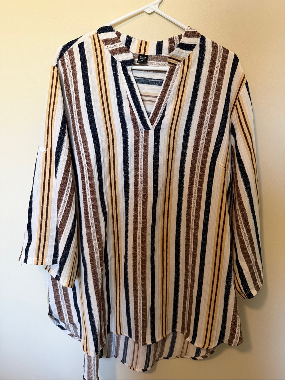 SHEIN Oversized Striped Split V-Neck Tunic Top - White, Brown & Navy